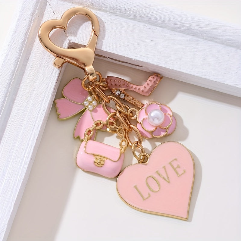 NXQXN Pink Mini Bag & Cosmetics Charm Keychain Ladies Key Ring - Metal Round Love Theme Keyring with Flowers & Heart Decor, Single Individual Piece, Wedding Festival Special, Ring Buckle Decorative Bag Pendant Gift